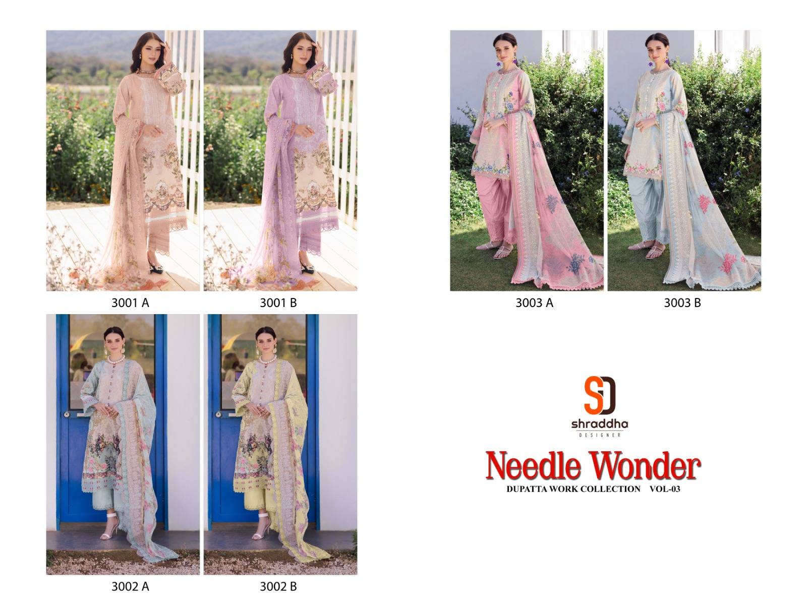 NEEDLE WONDER VOL-3 by Shradha designer 3001 a TO 3003 B SERIES Pakistani Stylish Beautiful Colourful Printed & Embroidered  cotton readymade Dresses At Wholesale Price